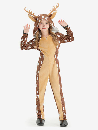 ブラウン ワンピース パジャマ 着ぐるみ クリスマス 子供用 ポリエステル フード付き ジャンプスーツ