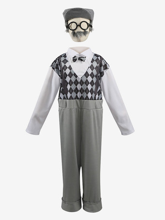 セット クリスマス グレー ジャンプ スーツ メガネ帽子ポリエステル チェック柄クリスマス ホリデー コスチューム