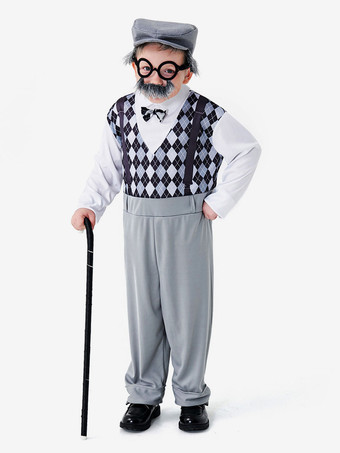 グレイセット クリスマス グレー ジャンプ スーツ メガネ帽子ポリエステル チェック柄クリスマス ホリデー コスチューム