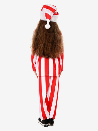 クリスマスの赤いパンツ、帽子、トップ、ポリエステル ストライプのクリスマス ホリデー コスチュームを設定します。