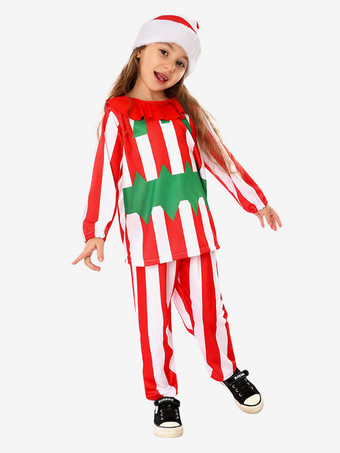 クリスマスの赤いパンツ、帽子、トップ、ポリエステル ストライプのクリスマス ホリデー コスチュームを設定します。