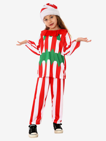 クリスマスの赤いパンツ、帽子、トップ、ポリエステル ストライプのクリスマス ホリデー コスチュームを設定します。
