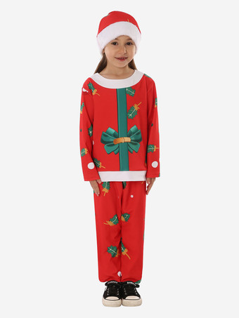 レッド セット クリスマス赤い帽子パンツ トップ ポリエステル花柄クリスマス ホリデー コスチューム