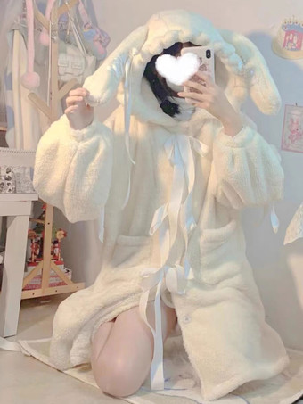 Cappotti Sweet Lolita Cappotto con fiocchi bianchi ecru Capispalla Lolita invernali in peluche corto