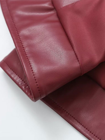 PUレザージャケット ターンダウンカラー 長袖 ジッパー レディース ストリートウェア ワインレッド