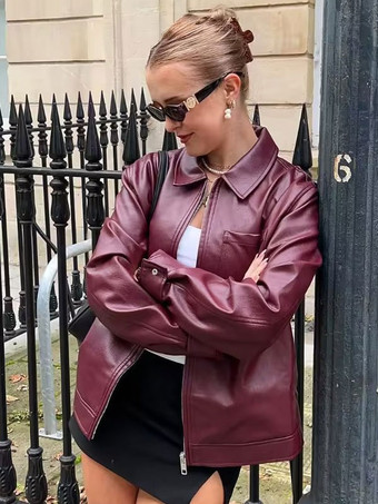 PU Leather Jacket Turndown Collar Long Sleeves Zipper Women's Streetwear