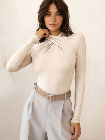 女性のための長袖ボディスーツプリーツストレッチクロスオーバーシックなトップ