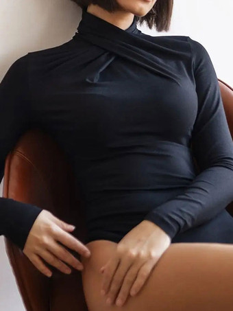 女性のための長袖ボディスーツプリーツストレッチクロスオーバーシックなトップ