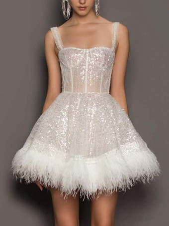 パーティードレス エクリュ ホワイト ストラップネック スパンコール ノースリーブ シアー ミニドレス