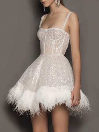 パーティードレス エクリュ ホワイト ストラップネック スパンコール ノースリーブ シアー ミニドレス