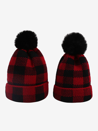 チェック柄キャップポンポンかぎ針編みレディースキャップ春秋冬用