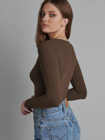 ブラウン 長袖ボディスーツ クルーネック ボタン ストレッチ レディース トップス