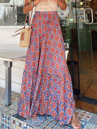 エンバーレッドプリントフルスカートハイウエスト重ね着シックレディースボトム