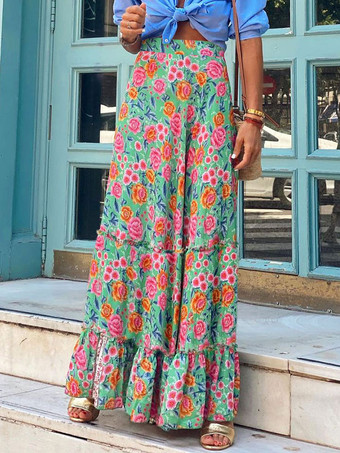 グラスグリーンプリントフルスカートハイウエスト重ね着シックレディースボトム