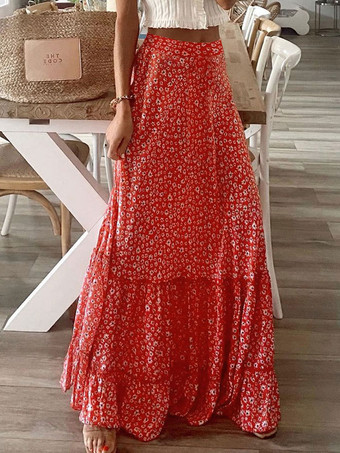 レッド プリントフルスカートハイウエスト重ね着シックレディースボトム
