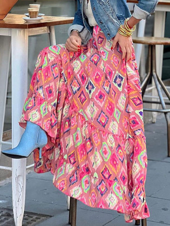 ローズレッドプリントフルスカートハイウエスト重ね着シックレディースボトム