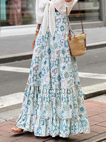 ライトスカイブループリントフルスカートハイウエスト重ね着シックレディースボトム