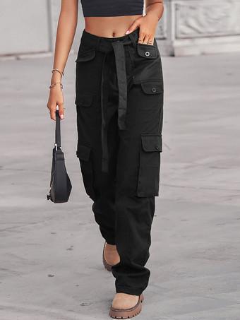 Solid Color High Waist Cargo Pants