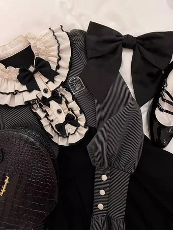 クラシック ロリータ ドレス ポリエステル リボン ロリータ ドレス 長袖 ストライプ クラシック ブラック