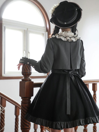 クラシック ロリータ ドレス ポリエステル リボン ロリータ ドレス 長袖 ストライプ クラシック ブラック