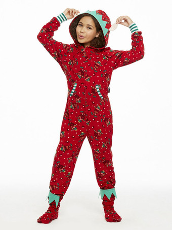 お揃いのファミリークリスマスパジャマ フード付き 大人用 子供用 ジャンプスーツ