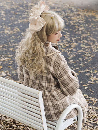 アカデミックロリータコートコーヒーブラウンコートチェック柄オーバーコートポリエステル秋ロリータアウター