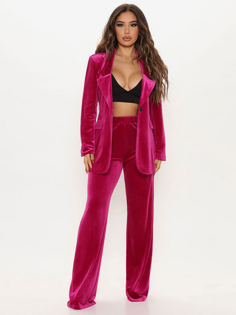 ワインレッド ラペルトップとストレートレッグパンツ無地2点セット