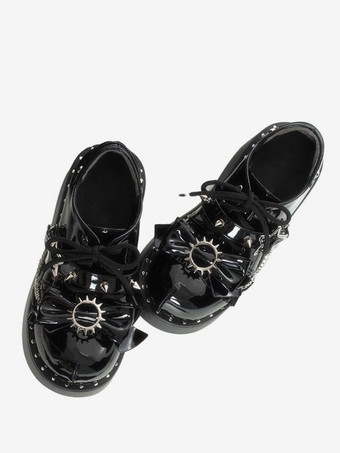 Steampunk Lolita Boots Black Bows Round Toe PU Leather Lolita Footwear