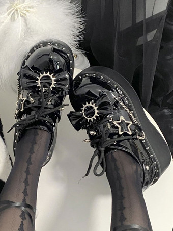 スチームパンク ロリータ ブーツ ブラック リボン ラウンド トゥ PU レザー ロリータ シューズ