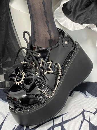 スチームパンク ロリータ ブーツ ブラック リボン ラウンド トゥ PU レザー ロリータ シューズ