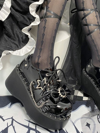 スチームパンク ロリータ ブーツ ブラック リボン ラウンド トゥ PU レザー ロリータ シューズ