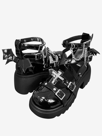 ブラック スチームパンク ロリータ ブーツ PU レザー ラウンド トゥ ブラック ロリータ シューズ