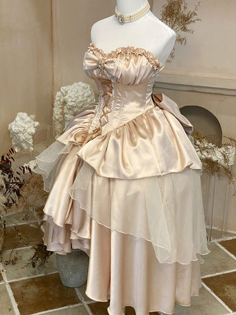 ロリータドレス ティーパーティースタイル ロリータスカート レースアップ ノースリーブ ポリエステル ロココ調 シャンパン