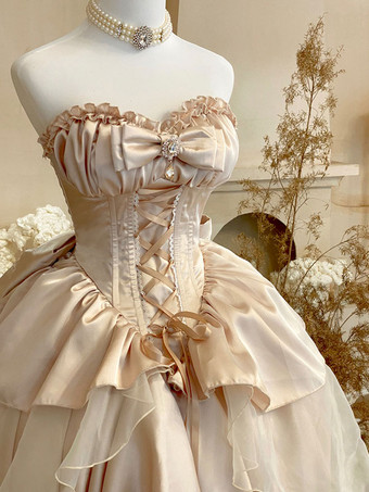 ロリータドレス ティーパーティースタイル ロリータスカート レースアップ ノースリーブ ポリエステル ロココ調 シャンパン