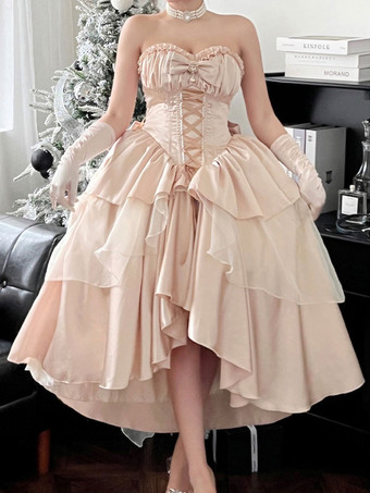 ロリータドレス ティーパーティースタイル ロリータスカート レースアップ ノースリーブ ポリエステル ロココ調 シャンパン