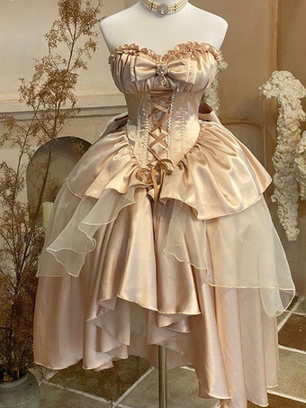 シャンパンカラーロリータドレス ティーパーティースタイル ロリータスカート レースアップ ノースリーブ ポリエステル ロココ調 シャンパン