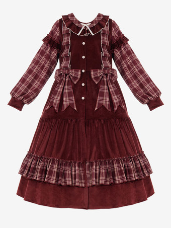 レッド クラシックロリータドレスポリエステル弓長袖ロリータドレスチェック柄牧歌的なスタイルレッド