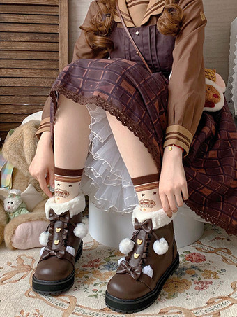 スイート ロリータ ブーツ PU レザー コーヒー ブラウン ロリータ シューズ