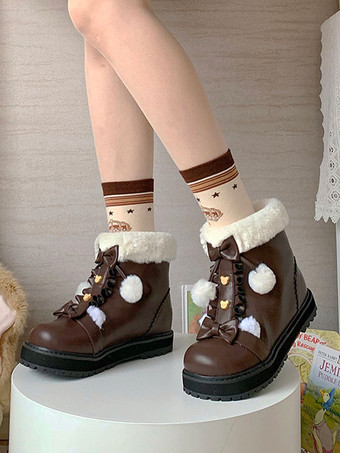 スイート ロリータ ブーツ PU レザー コーヒー ブラウン ロリータ シューズ