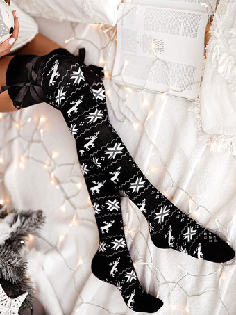 ブラック クリスマス柄ストッキングリブトリムウィンターソックス