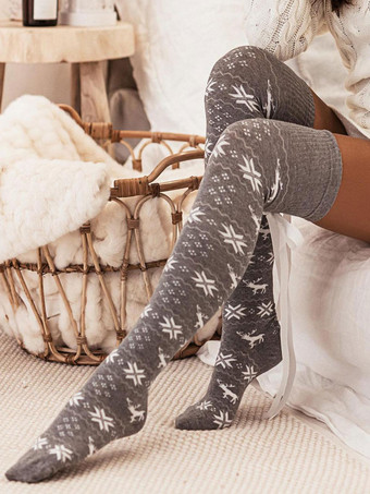 グレイクリスマス柄ストッキングリブトリムウィンターソックス