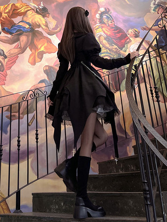   ゴスロリドレス レースアップ ブラック ゴスロリ ハイウエスト 長袖OP ふわふわドレス