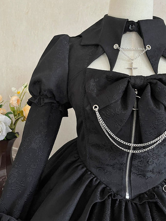   ゴスロリドレス レースアップ ブラック ゴスロリ ハイウエスト 長袖OP ふわふわドレス