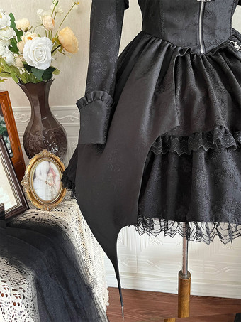   ゴスロリドレス レースアップ ブラック ゴスロリ ハイウエスト 長袖OP ふわふわドレス