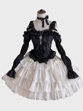 ホワイト＋ブラックスイートロリータドレス ポリエステル長袖スイートロリータドレス