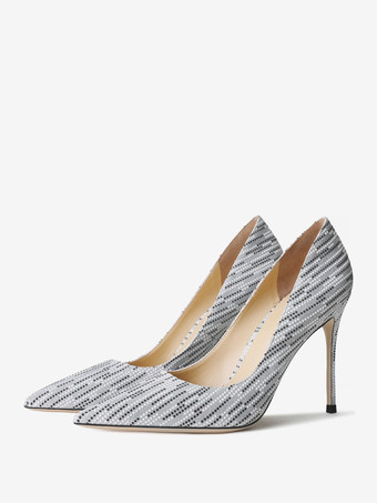 Tacones altos para mujer Rayas Bombas Lentejuelas Sexy Punta puntiaguda Tacón de aguja