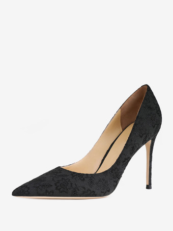 ブラック レディース ハイヒール ブラック ポインテッドトゥ 刺繍 パンプス