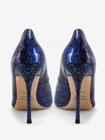 ブルー ハイヒール ポインテッドトゥ プリント スティレット ヒール ドレス パンプス