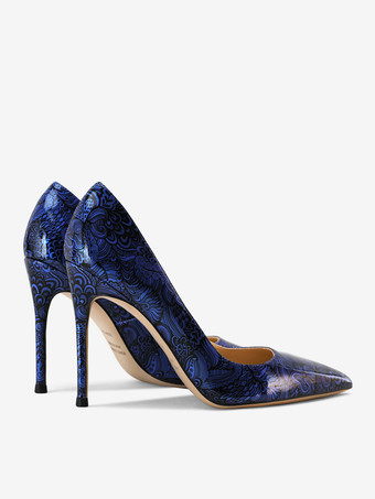 ブルー ハイヒール ポインテッドトゥ プリント スティレット ヒール ドレス パンプス