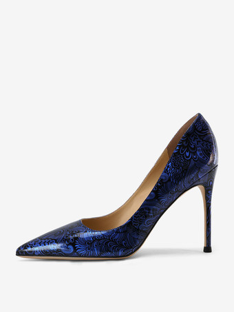 ブルー ハイヒール ポインテッドトゥ プリント スティレット ヒール ドレス パンプス